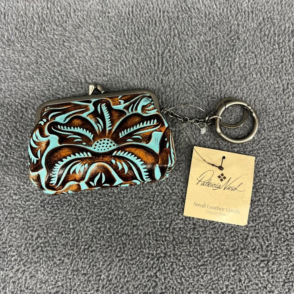 Patricia Nash Borse Coin Purse Women Turquoise Tooled Leather Floral Kiss Lock